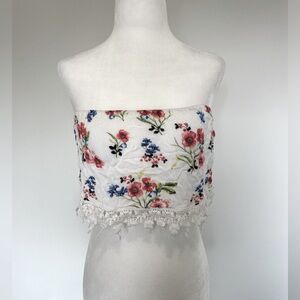 Forever 21 White Floral Bandeau Crop Strapless Top with Lace Trim - Size Medium